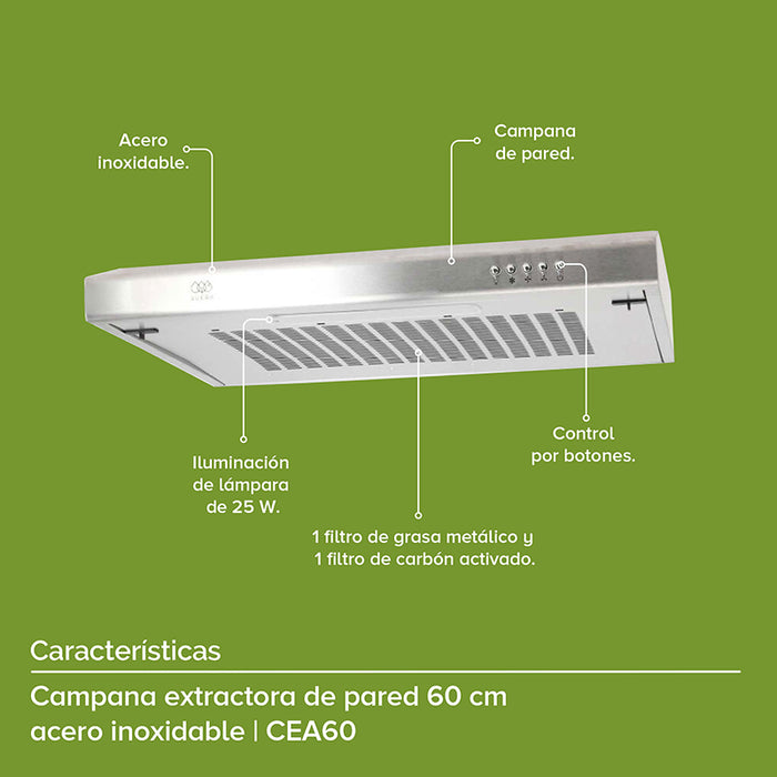 Campana extractora para cocina de pared en acero inoxidable 60 cm