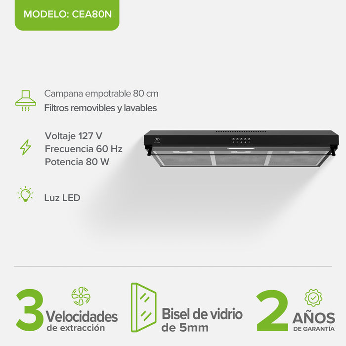 Combo Parrilla de gas Vidrio templado 5 quemadores + Campana de pared acero inoxidable 80 cm negro