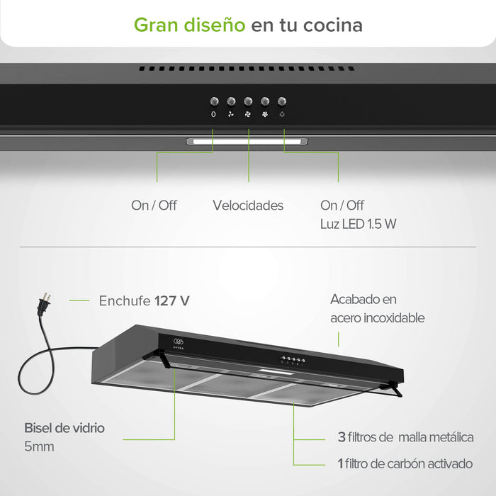 Combo Parrilla de gas Vidrio templado 5 quemadores + Campana de pared acero inoxidable 80 cm negro
