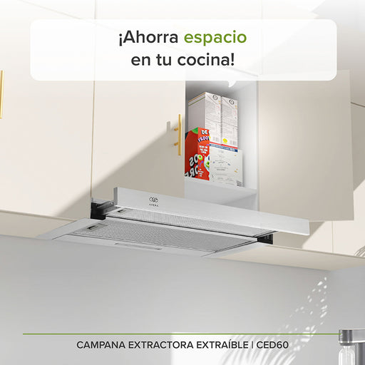 Campana de cocina deslizable de 60cm ideal para cocinas pequeñas ya que se empotra en los gabinetes