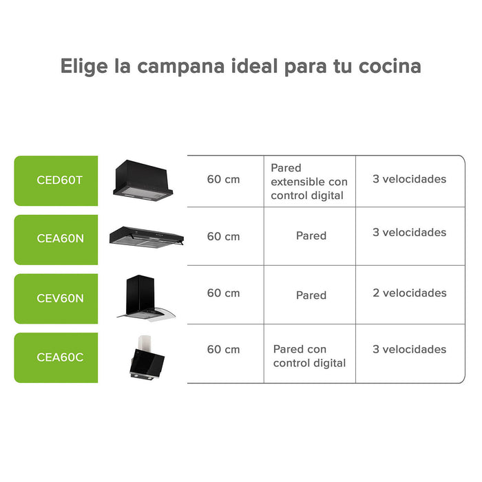 Campana de cocina de pared extensible 60 cm acero inoxidable con panel digital - negro