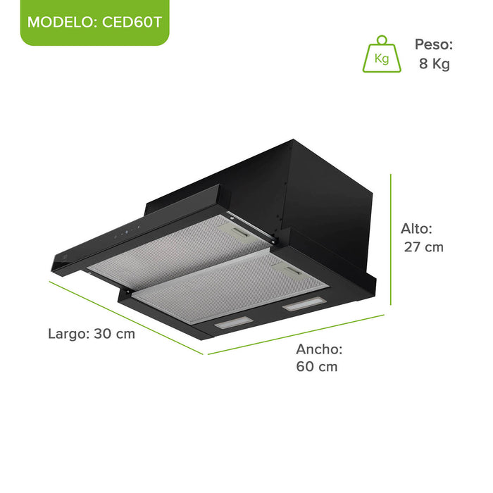 Campana de cocina de pared extensible 60 cm acero inoxidable con panel digital - negro