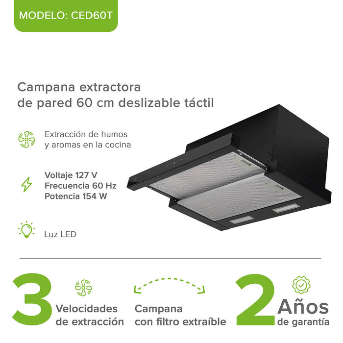 Campana de cocina de pared extensible 60 cm acero inoxidable con panel digital - negro