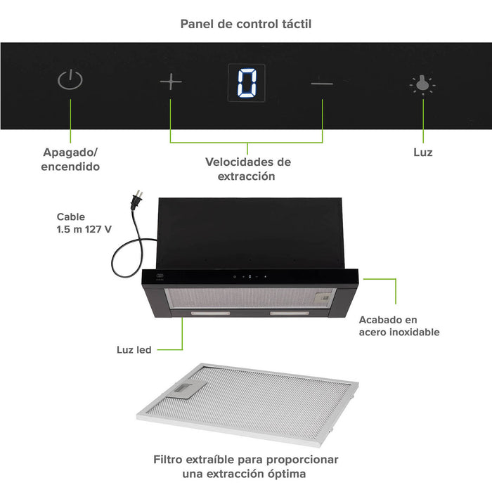 Campana de cocina de pared extensible 60 cm acero inoxidable con panel digital - negro