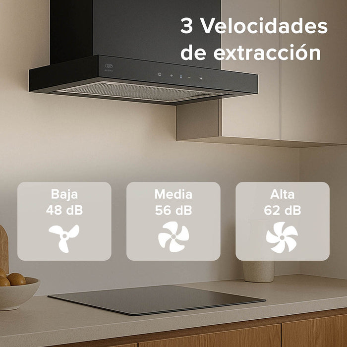 Campana de cocina de pared extensible 60 cm acero inoxidable con panel digital - negro