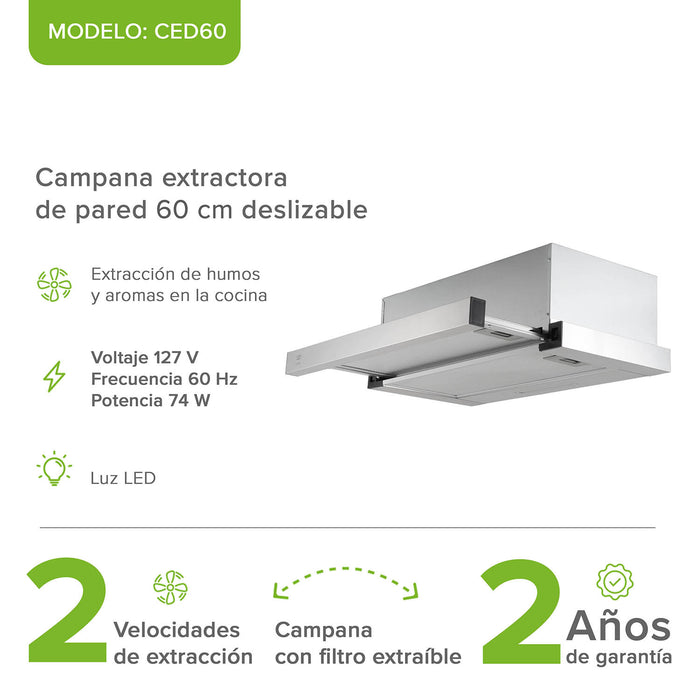 Campana de cocina de pared extensible 60 cm acero inoxidable