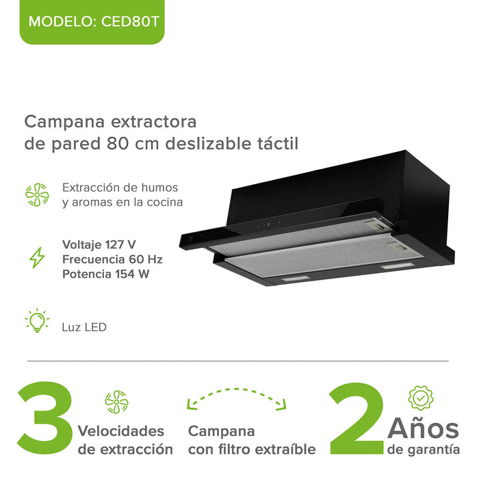 Campana de cocina de pared extensible 80 cm acero inoxidable con panel digital - negro
