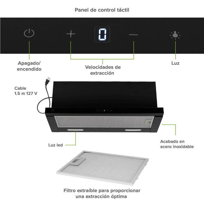 Campana de cocina de pared extensible 80 cm acero inoxidable con panel digital - negro