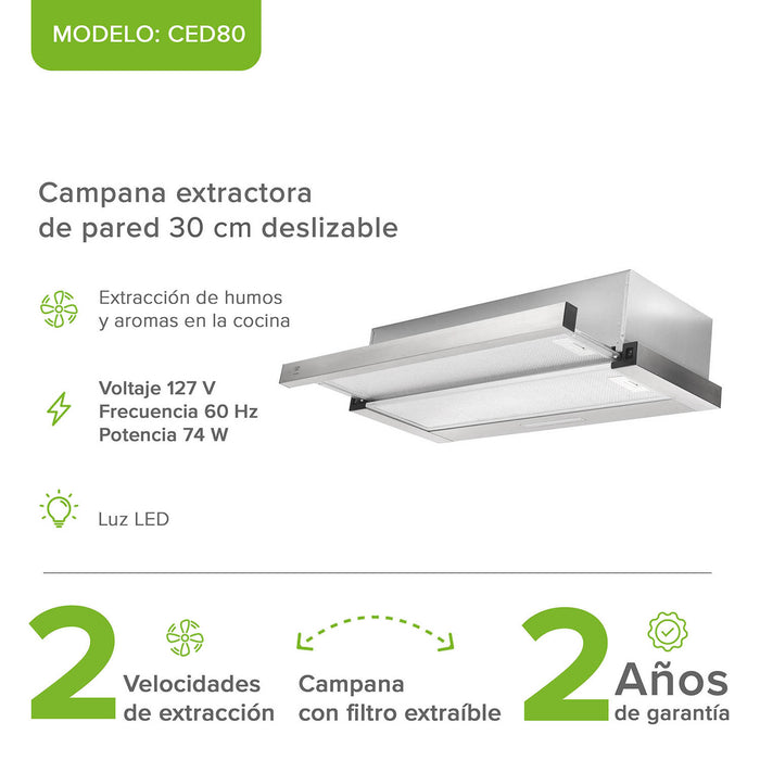 Campana de cocina de pared extensible 80 cm acero inoxidable