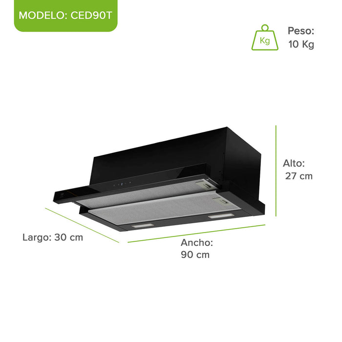 Campana de cocina de pared extensible 90 cm acero inoxidable con panel digital - negro