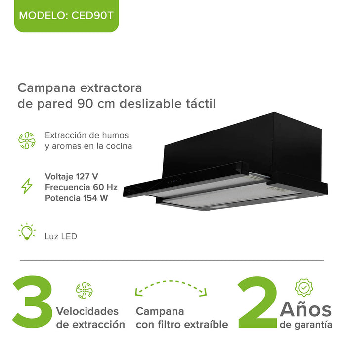 Campana de cocina de pared extensible 90 cm acero inoxidable con panel digital - negro