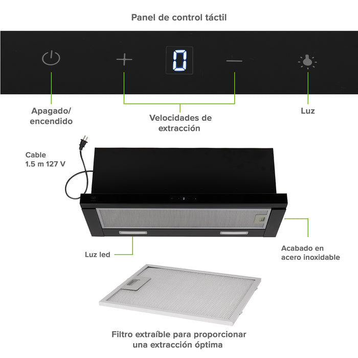 Campana de cocina de pared extensible 90 cm acero inoxidable con panel digital - negro