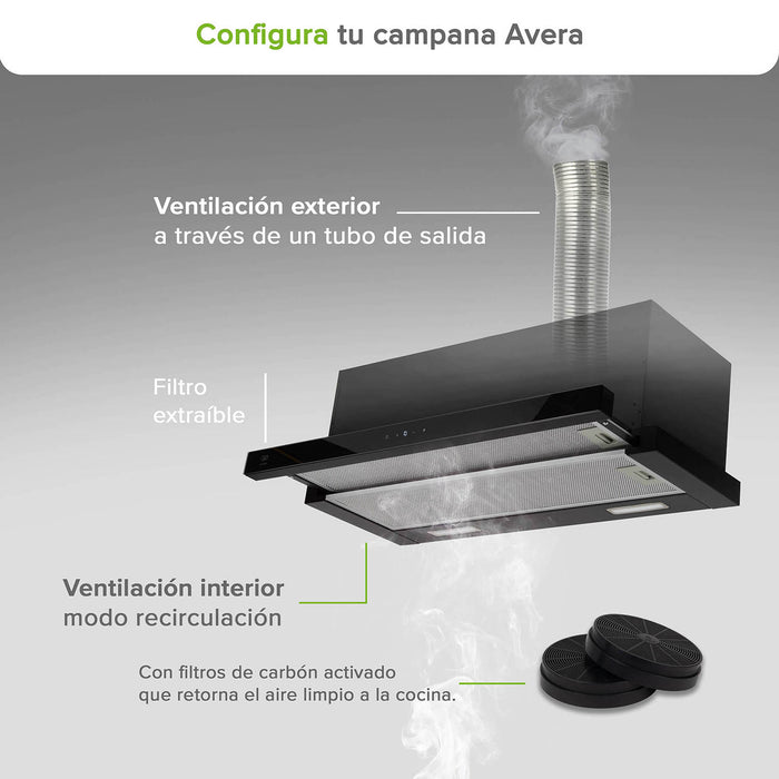 Campana de cocina de pared extensible 90 cm acero inoxidable con panel digital - negro
