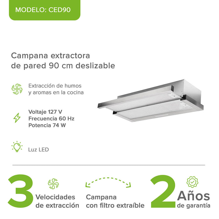 Campana de cocina de pared extensible 90 cm acero inoxidable