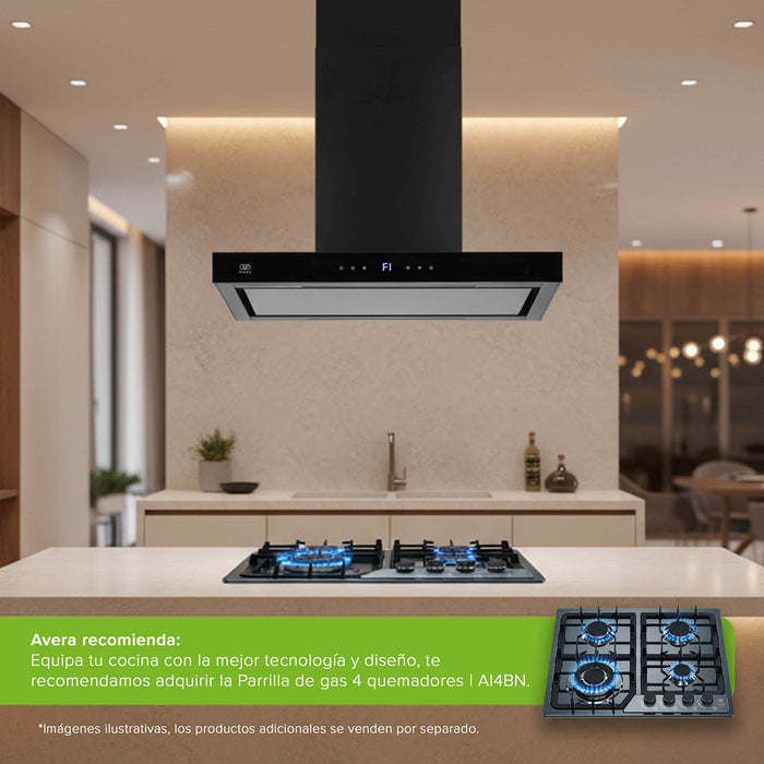 Campana de cocina de isla tipo T 76 cm acero inoxidable con panel digital - negro