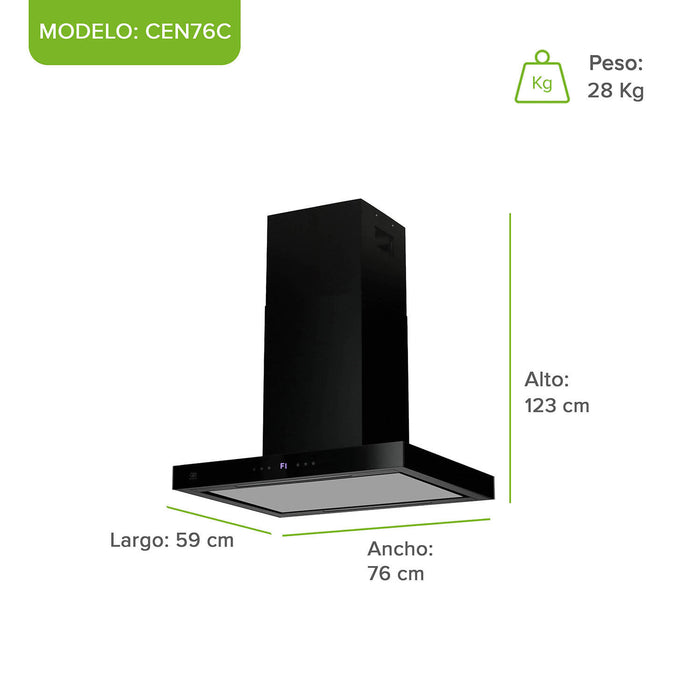 Campana de cocina de isla tipo T 76 cm acero inoxidable con panel digital - negro