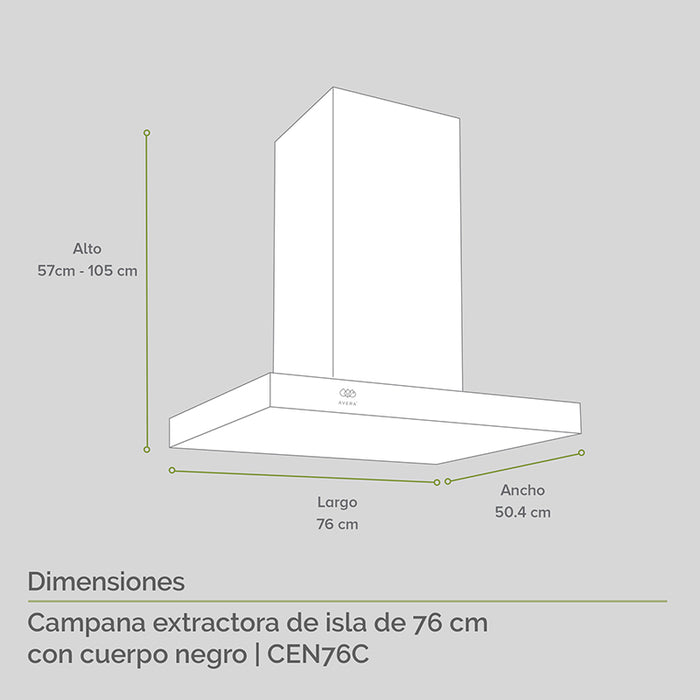 Medidas campana extractora de isla: largo 76cm, ancho 50.4cm, alto 57cm-105cm.