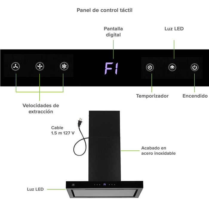 Campana de cocina de isla tipo T 76 cm acero inoxidable con panel digital - negro