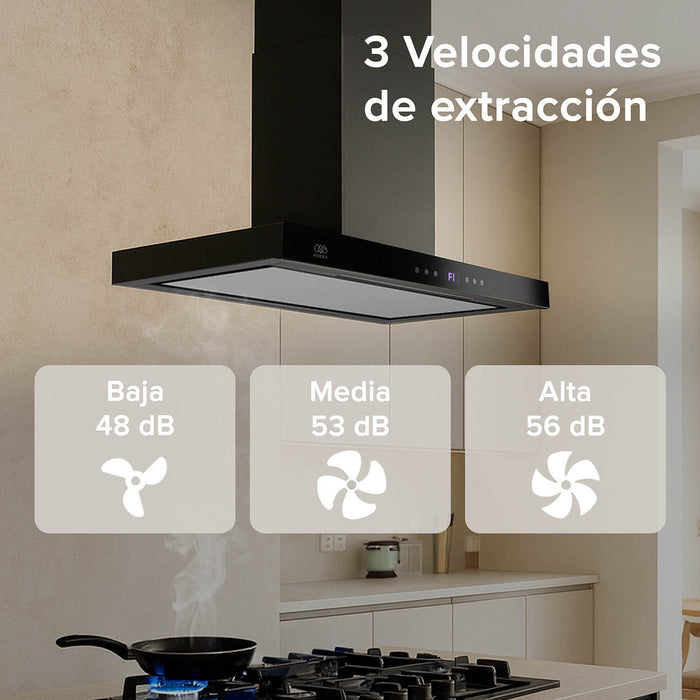 Campana de cocina de isla tipo T 76 cm acero inoxidable con panel digital - negro