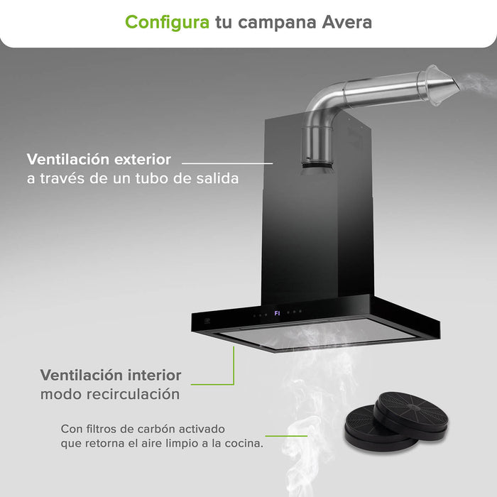 Campana de cocina de isla tipo T 76 cm acero inoxidable con panel digital - negro