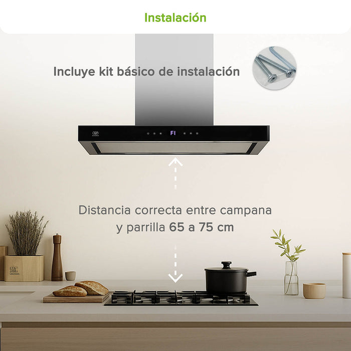 Campana de cocina de isla tipo T 76 cm acero inoxidable con panel digital - negro