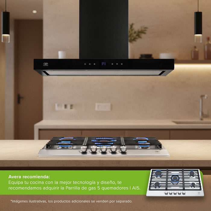 Campana de cocina de isla tipo T 90 cm acero inoxidable con panel digital - negro