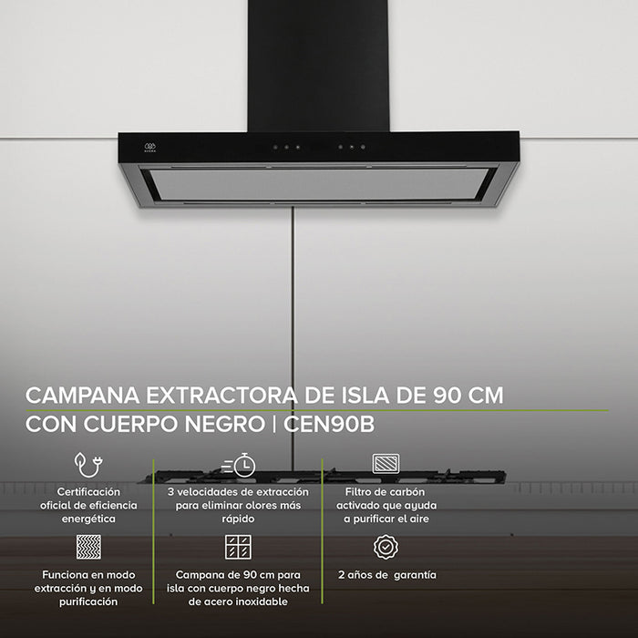 Parrilla de gas vidrio templado 6 quemadores + Campana de isla acero inoxidable negro 90 cm