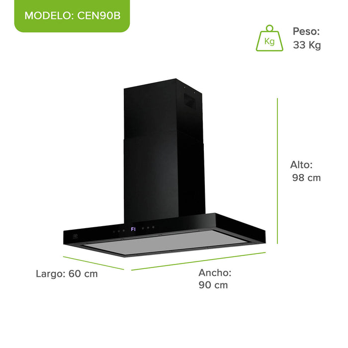 Campana de cocina de isla tipo T 90 cm acero inoxidable con panel digital - negro