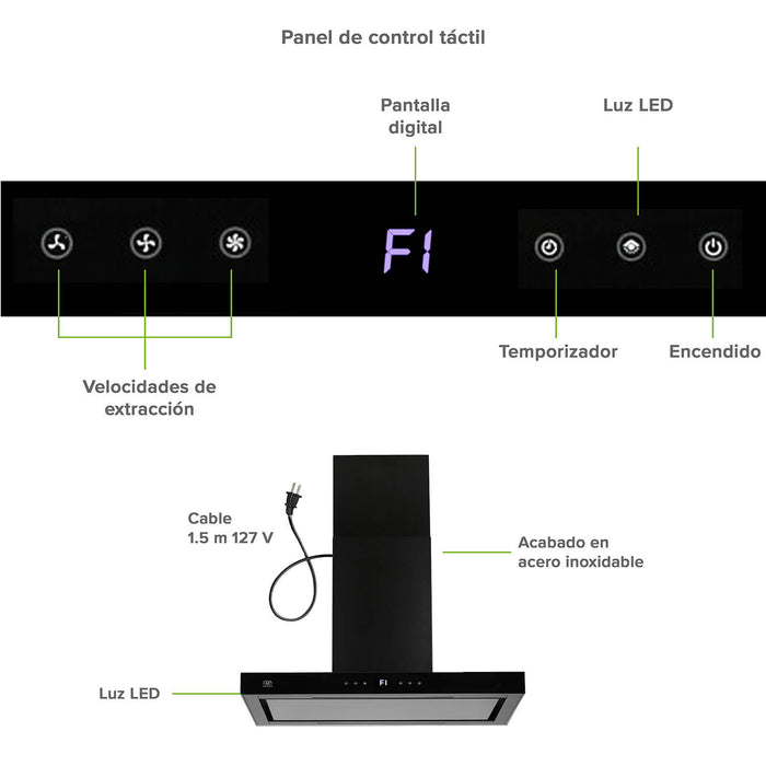 Campana de cocina de isla tipo T 90 cm acero inoxidable con panel digital - negro