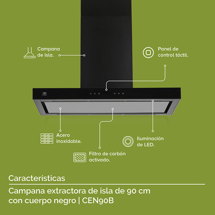 Características campana de cocina para isla: panel de control táctil, iluminación LED, filtro de carbón activado, acero inoxidable.