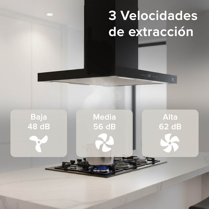 Campana de cocina de isla tipo T 90 cm acero inoxidable con panel digital - negro