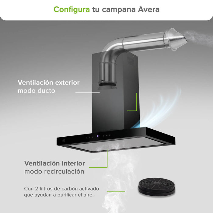 Campana de cocina de isla tipo T 90 cm acero inoxidable con panel digital - negro
