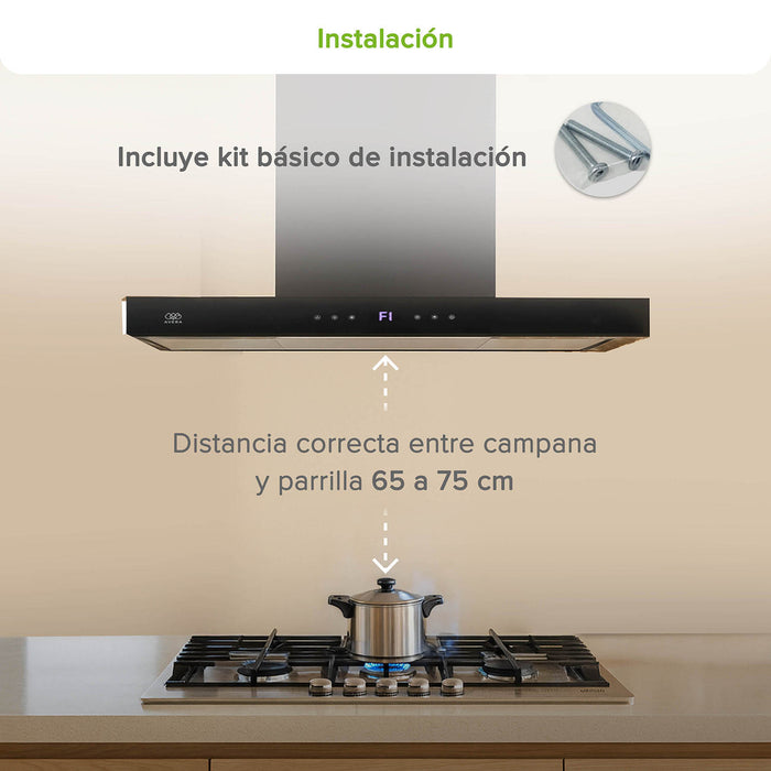 Campana de cocina de isla tipo T 90 cm acero inoxidable con panel digital - negro