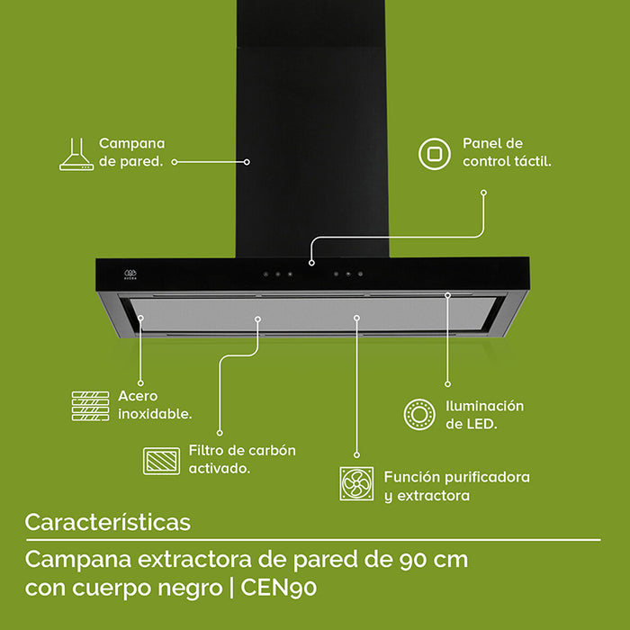 Características campana para estufa o parrilla: campana de pared, panel de control táctil, iluminación LED, filtro de carbón activado.