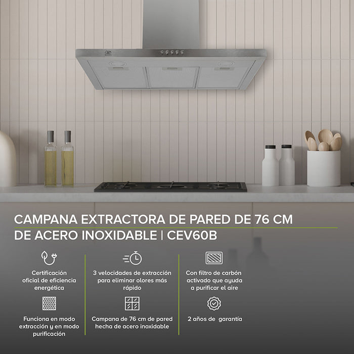 Parrilla de gas en vidrio templado con 4 quemadores + Campana de pared en acero inoxidable 76 cm