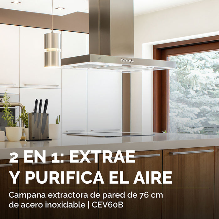 Parrilla de gas en vidrio templado con 4 quemadores + Campana de pared en acero inoxidable 76 cm