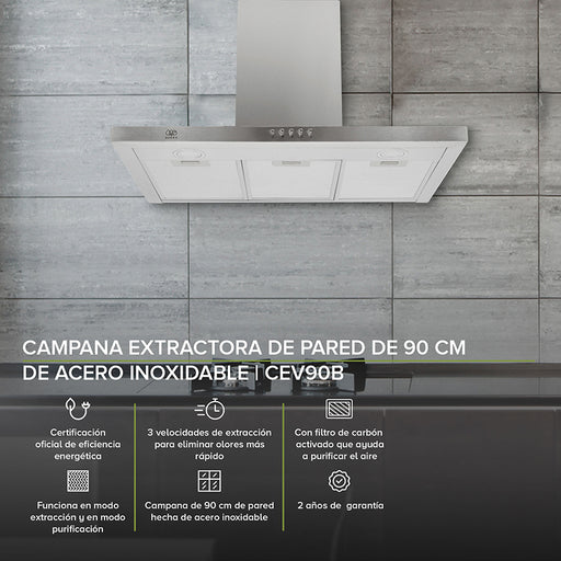Campana extractora de cocina para pared de 90cm cuenta con certificación oficial de eficiencia energética. 