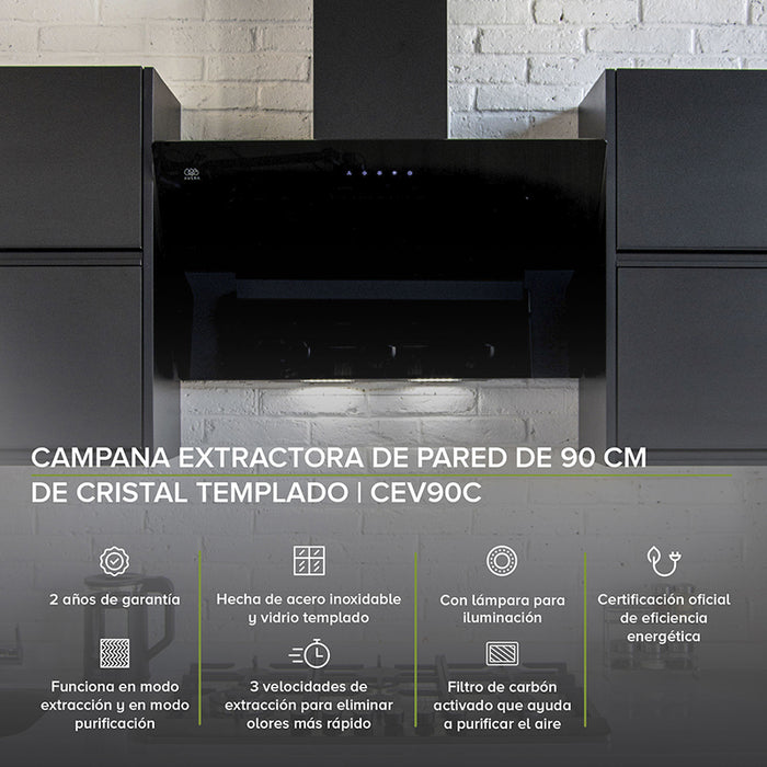 Parrilla de gas 6 quemadores + Campana pared de cristal templado y controles digitales 90 cm