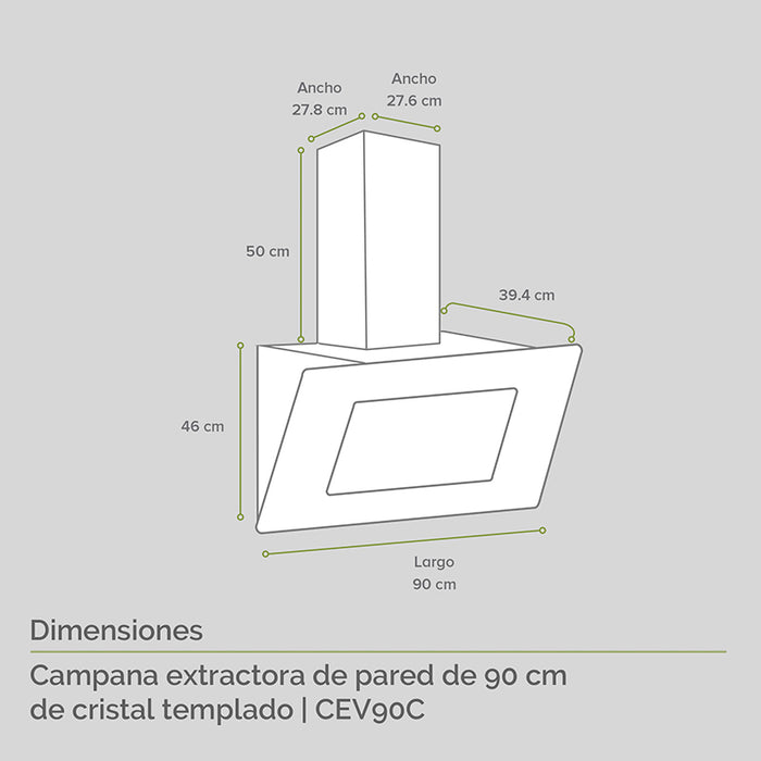 Campana extractora para cocina de pared en cristal templado y controles digitales 90 cm