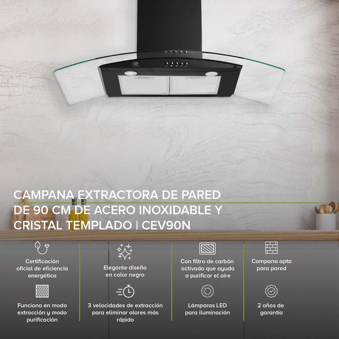 Combo Parrilla de gas 6 quemadores 90 cm + Campana de pared 90 cm con vidrio templado - negro