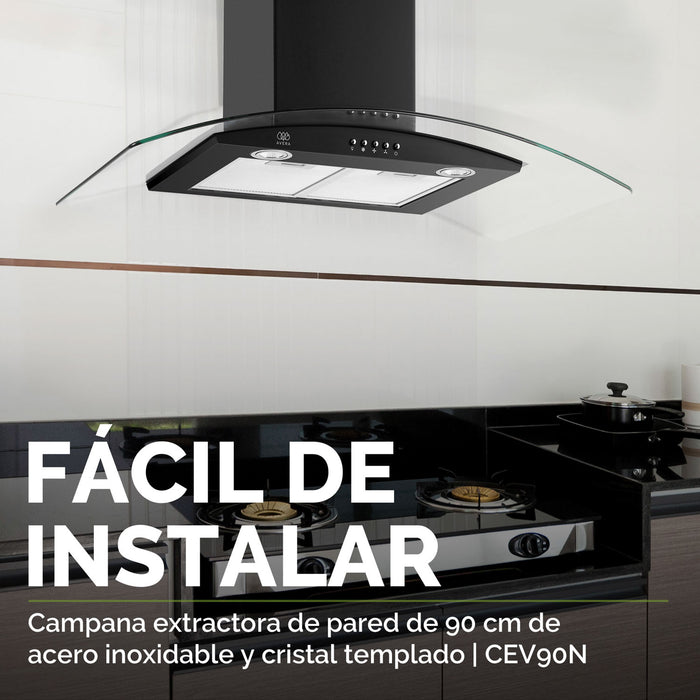 Combo Parrilla de gas 6 quemadores 90 cm + Campana de pared 90 cm con vidrio templado - negro