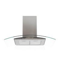 Campana de cocina de pared de 90cm, con cristal templado curvo y cuerpo de acero inoxidable.