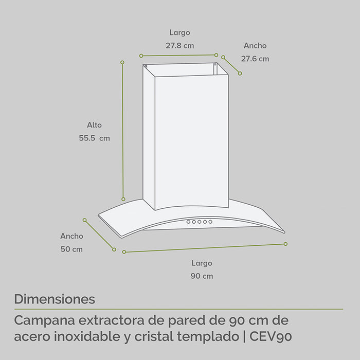 Campana extractora para cocina de pared en acero inoxidable y cristal templado 90 cm
