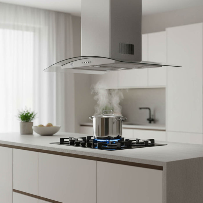 Campana de cocina de isla curva 90 cm acero inoxidable y vidrio templado