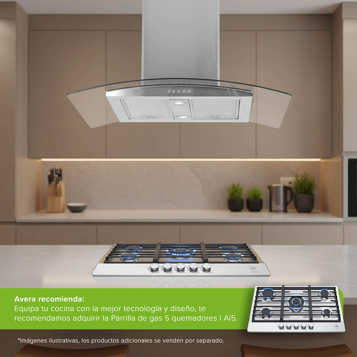 Campana de cocina de isla curva 90 cm acero inoxidable y vidrio templado