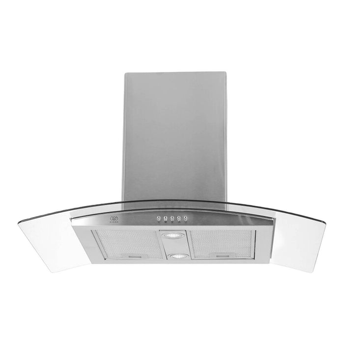 Campana de cocina de isla curva 90 cm acero inoxidable y vidrio templado