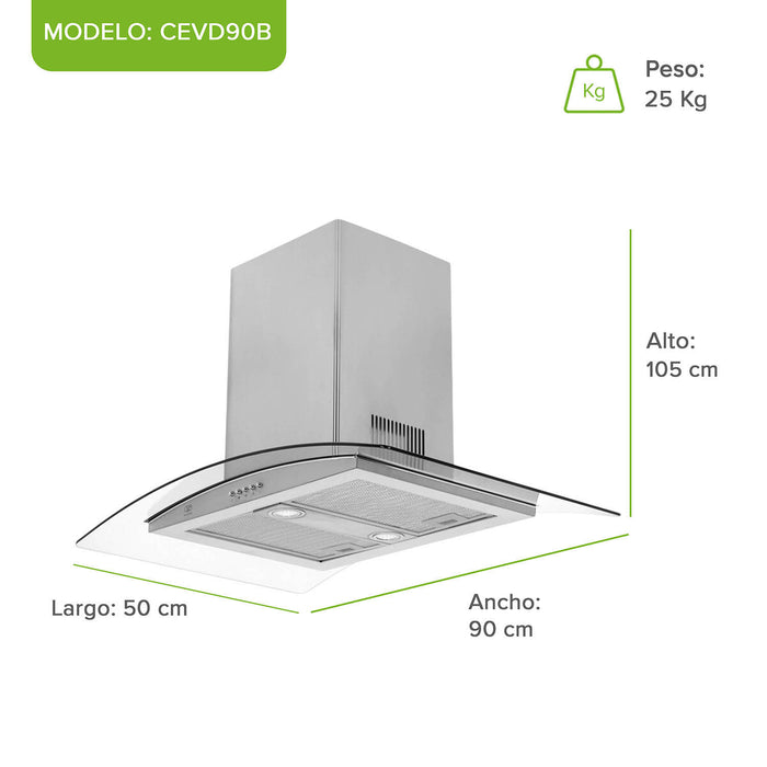 Campana de cocina de isla curva 90 cm acero inoxidable y vidrio templado