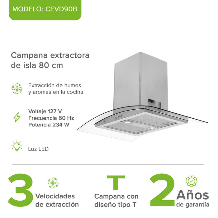 Campana de cocina de isla curva 90 cm acero inoxidable y vidrio templado