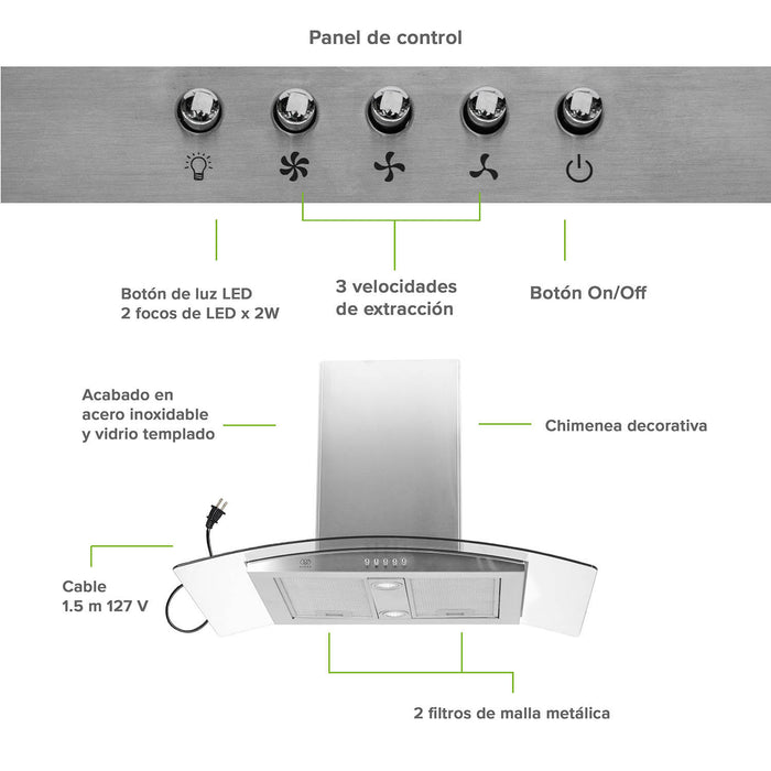 Campana de cocina de isla curva 90 cm acero inoxidable y vidrio templado