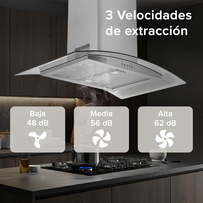 Campana de cocina de isla curva 90 cm acero inoxidable y vidrio templado